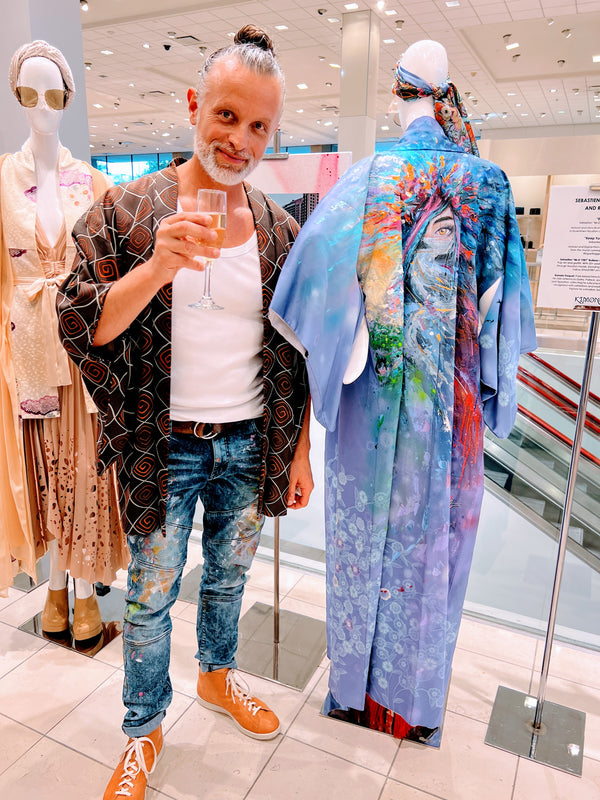 "Keep Your Eyes on the Road" Reimagined Vintage Kimono - Kimono Zulu Artist Collaboration with Mr.D 1987